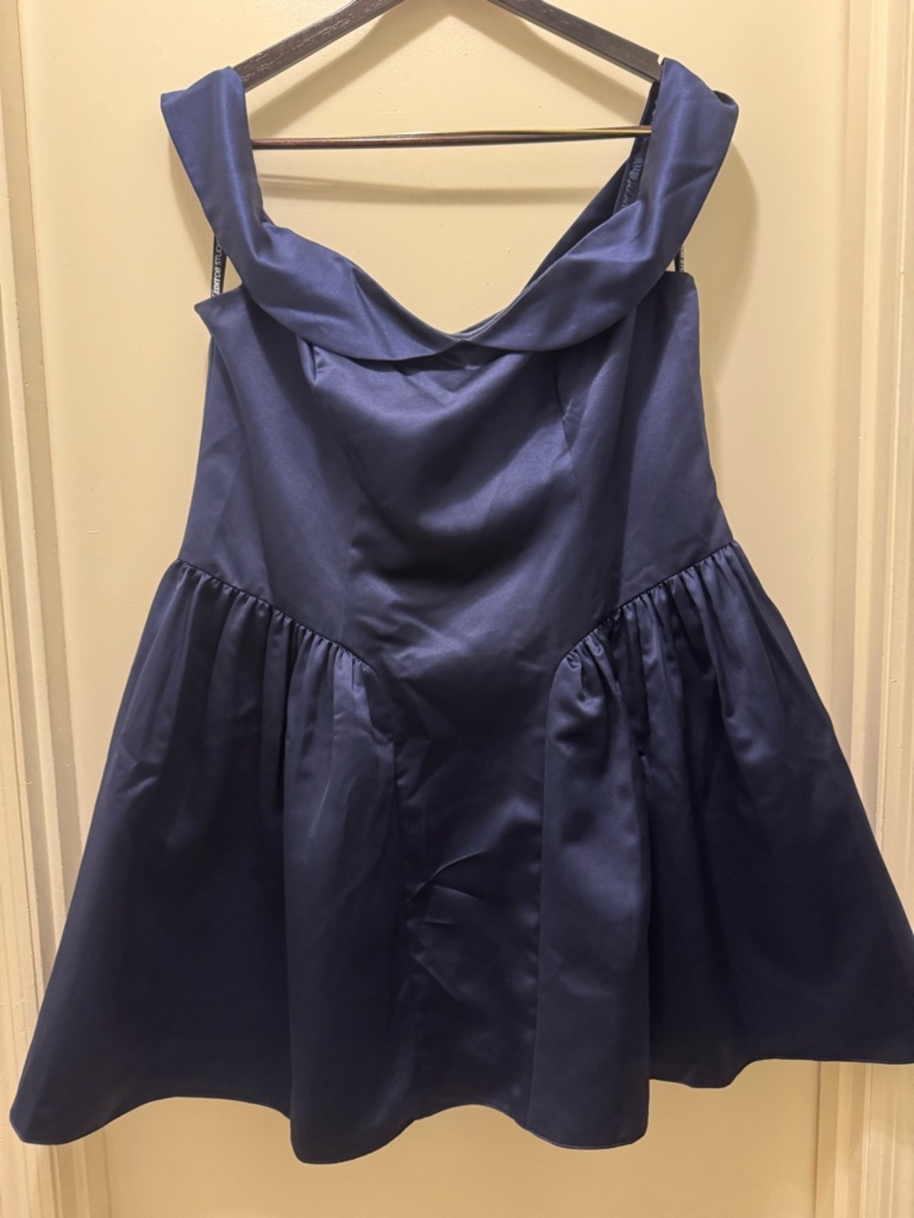 Studio Navy and Black Satin Dress Label Detail